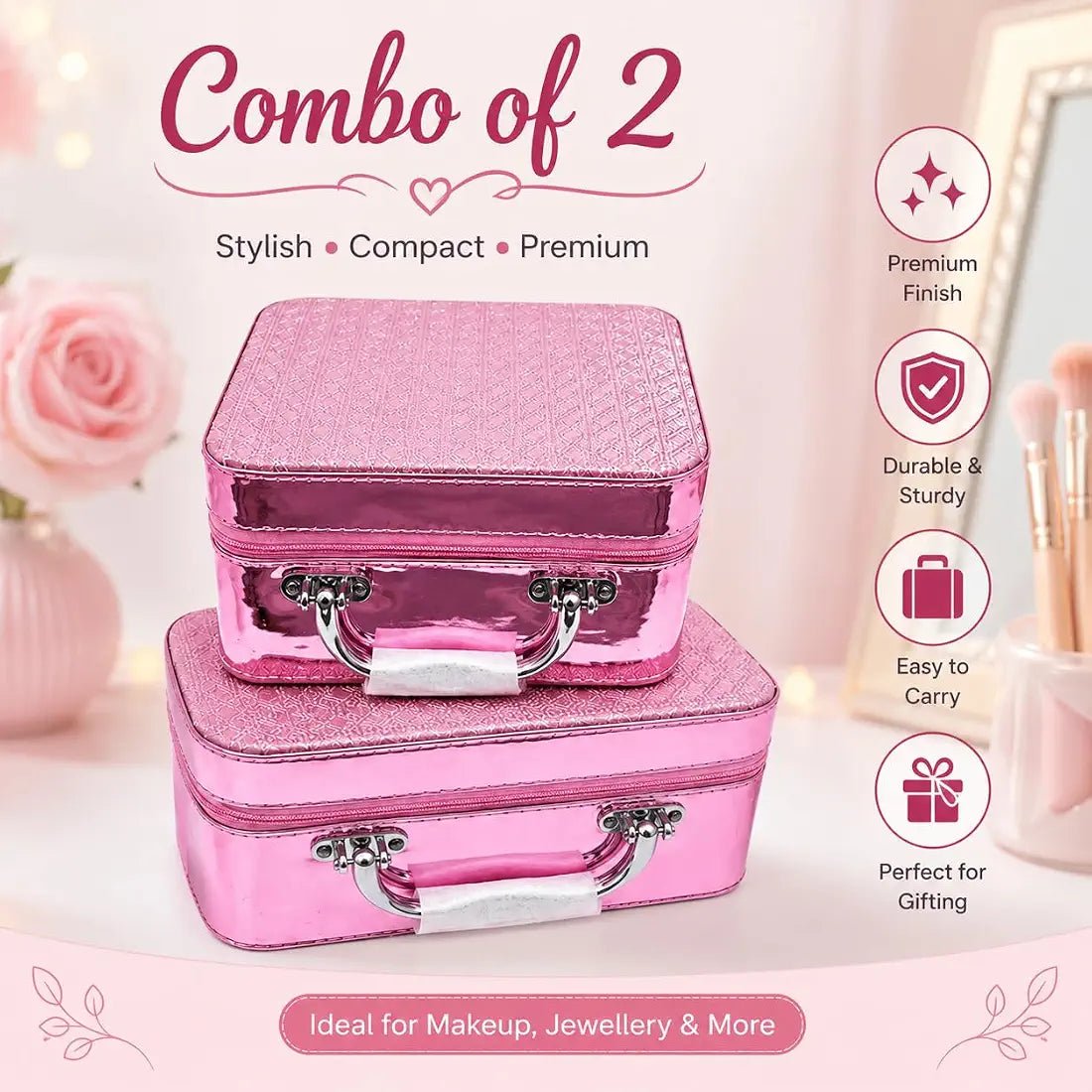 Pink Metallic Makeup & Jewellery Storage Box, Combo of 2 - BlushBox Co